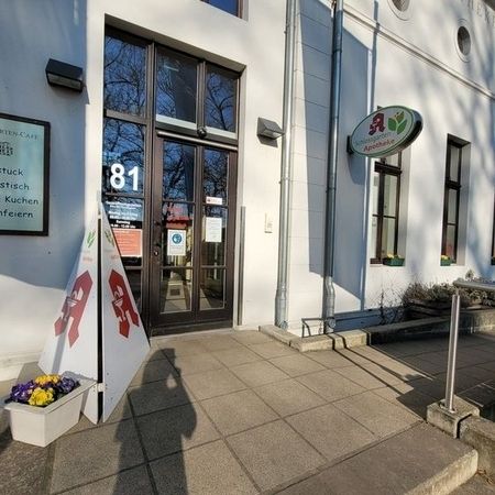 Fassade einer Apotheke mit grünem und rotem Schild, offener Tür und Blumenkübeln im Außenbereich. Angezeigte Adresse: 81.